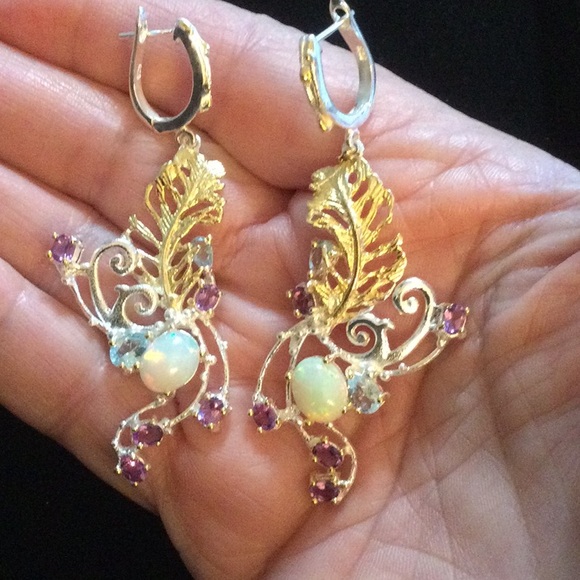 Exquisite One Of A Kind, Genuine Fiery Opal, Aquamarines & Amethysts Earrings - Picture 9 of 11